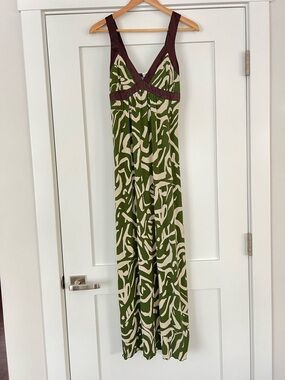 Olive Green & Cream Patterned Maxi Dress with Brown Trim